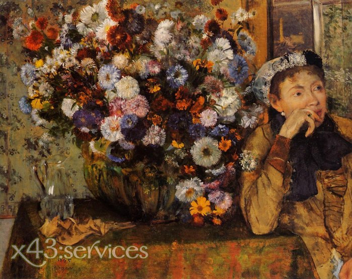 Edgar Degas - Eine Frau sitzt neben einer Vase mit Blumen